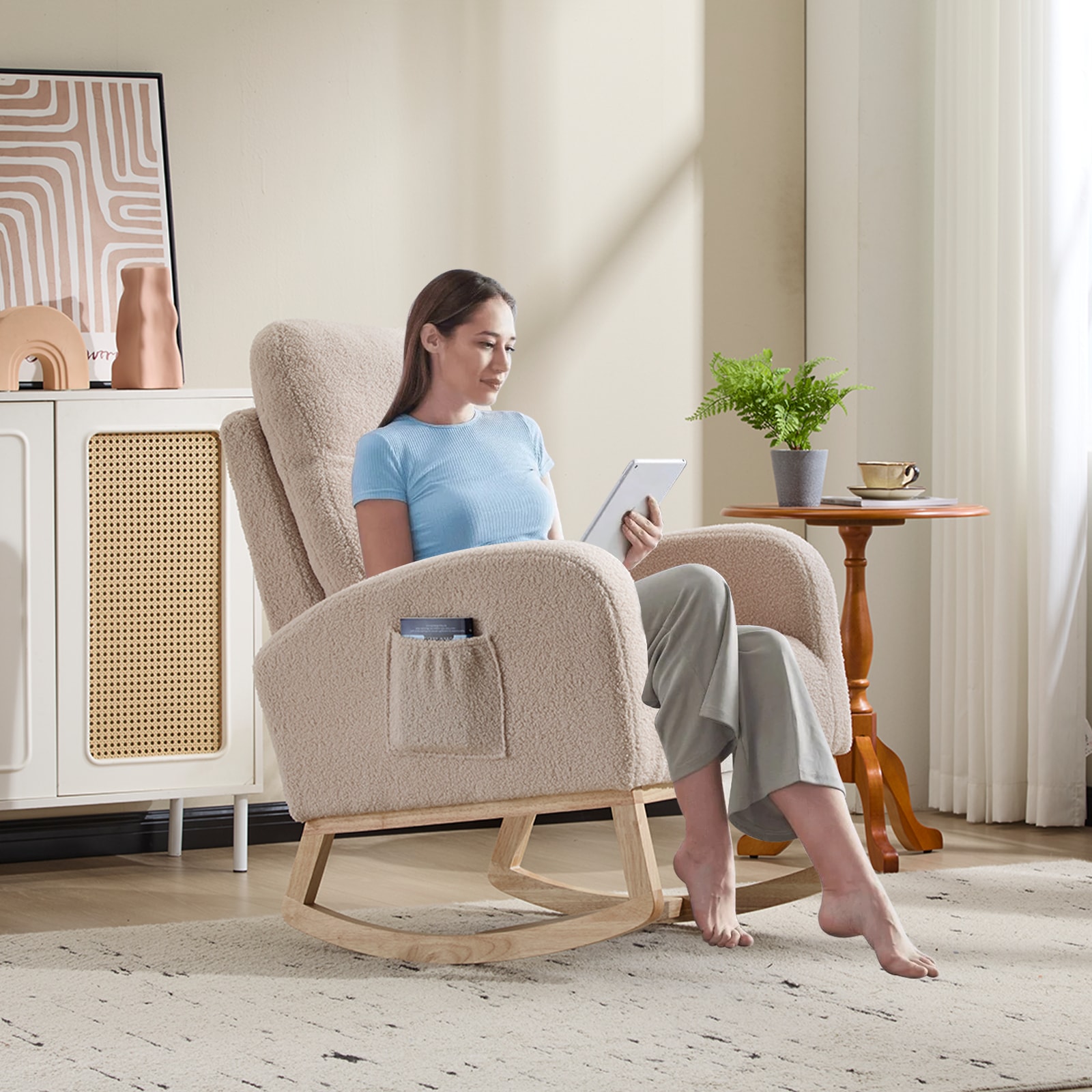 Modern Accent Rocking Chair Rocking Chair With Solid Wood Legs, Upholstered Nursery Glider Rocker, Comfy Armchair With Side Pocket, Living Room Lounge Arm Chair With High Backrest (Beige,teddy)_voghion.com